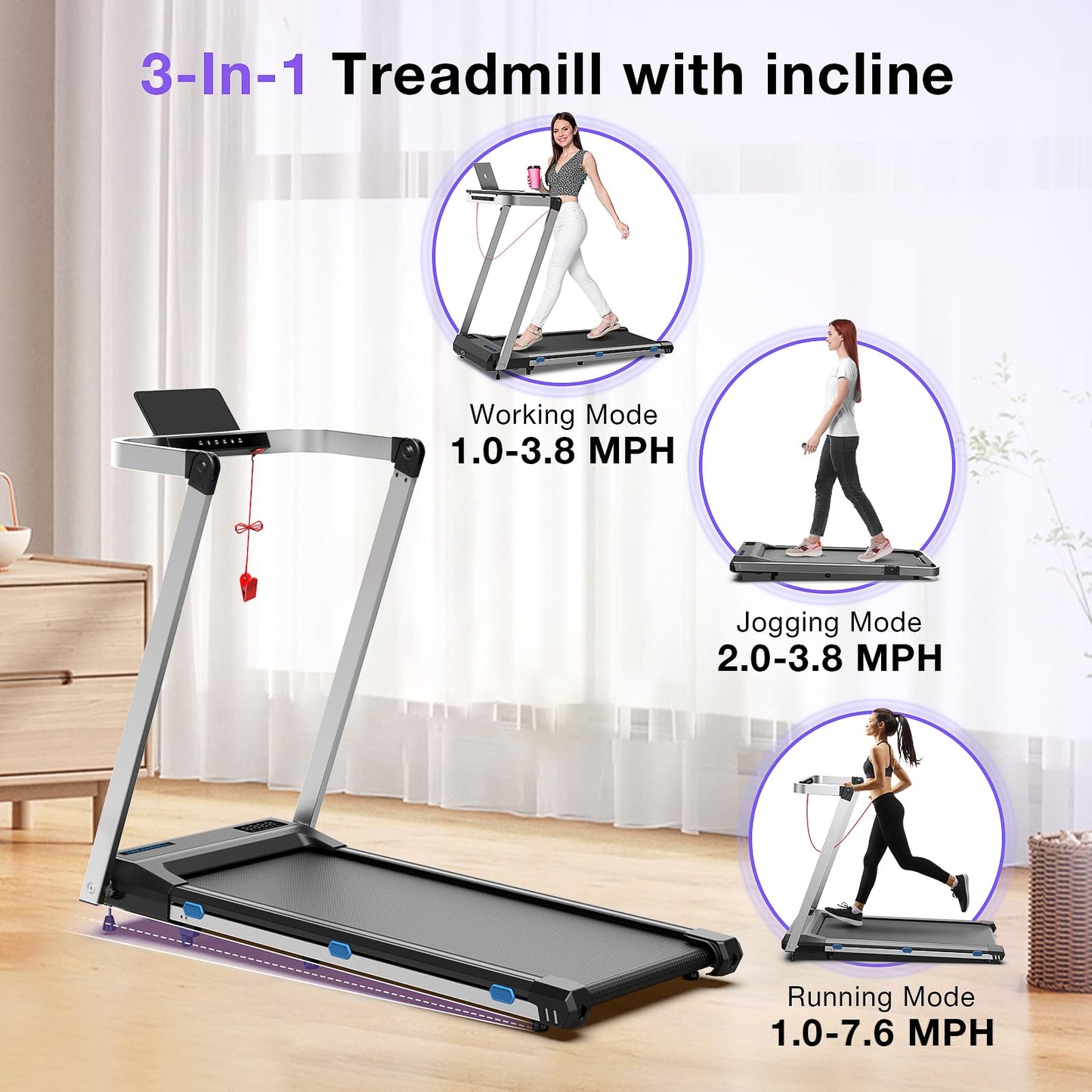 *Walking Pad Treadmill-3.0HP & 350 lb Capacity, Under Desk Treadmill with Incline for Home Small, 3 in 1 Foldable Treadmills, Smart Voice & Well Fit App & Remote Control, 2s Folding