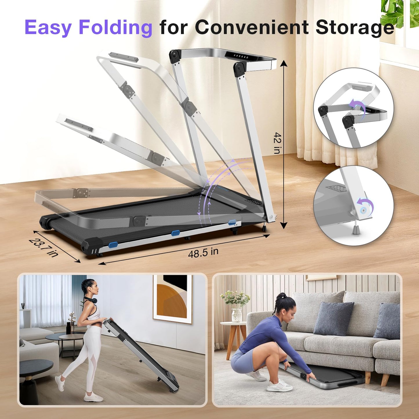 *Walking Pad Treadmill-3.0HP & 350 lb Capacity, Under Desk Treadmill with Incline for Home Small, 3 in 1 Foldable Treadmills, Smart Voice & Well Fit App & Remote Control, 2s Folding