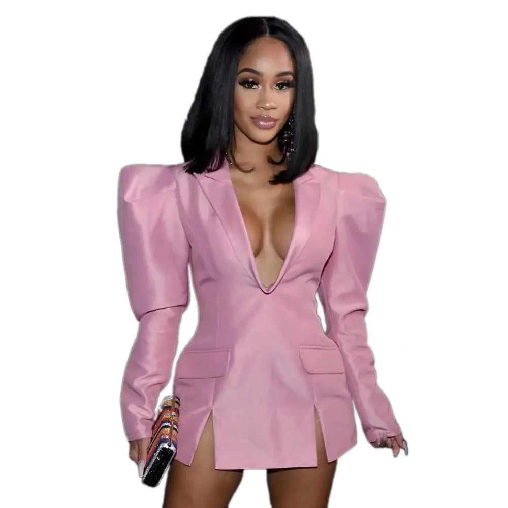 Evening Dresses Pink Street Wear Women Mini Sexy Club Wear Notched Collar Long Sleeve V Neck