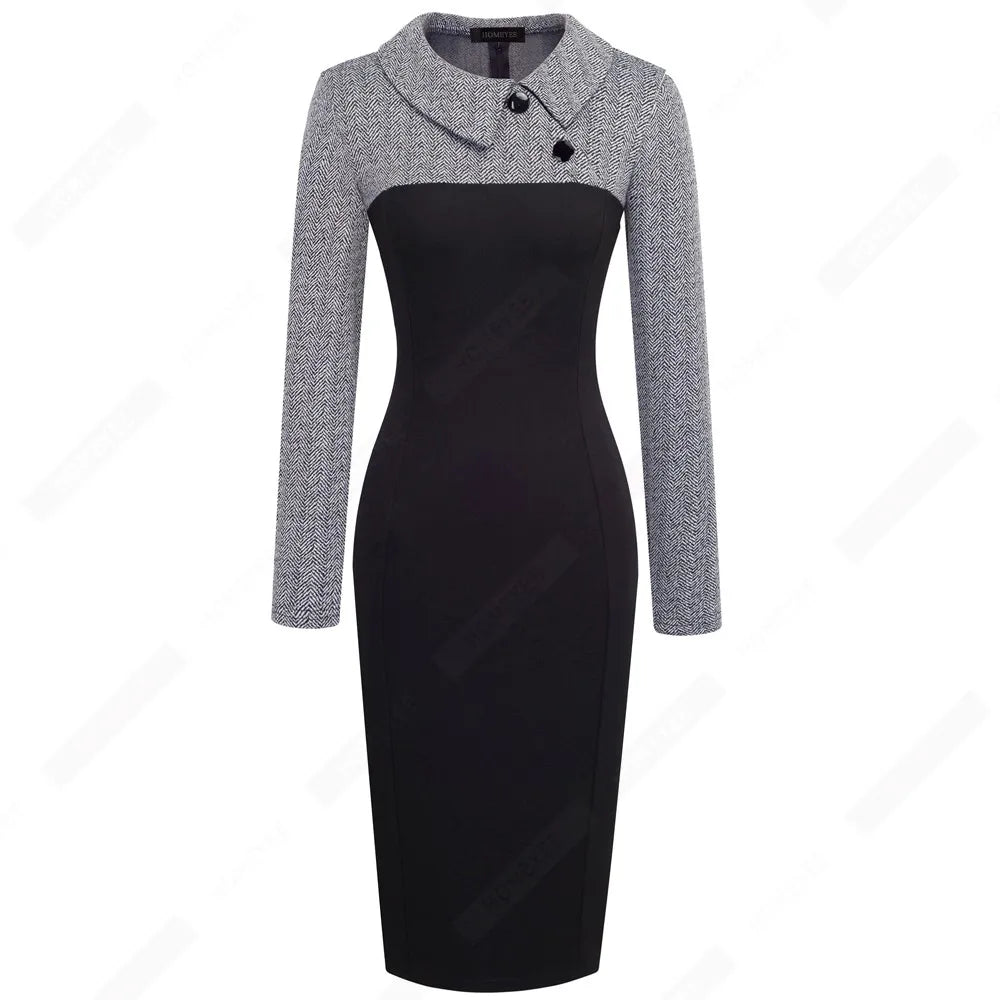 Vintage Women Patchwork Pattern Bodycon Elegant Office Ladies Charming Dress