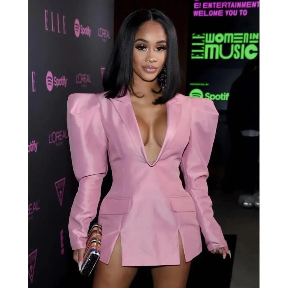 Evening Dresses Pink Street Wear Women Mini Sexy Club Wear Notched Collar Long Sleeve V Neck