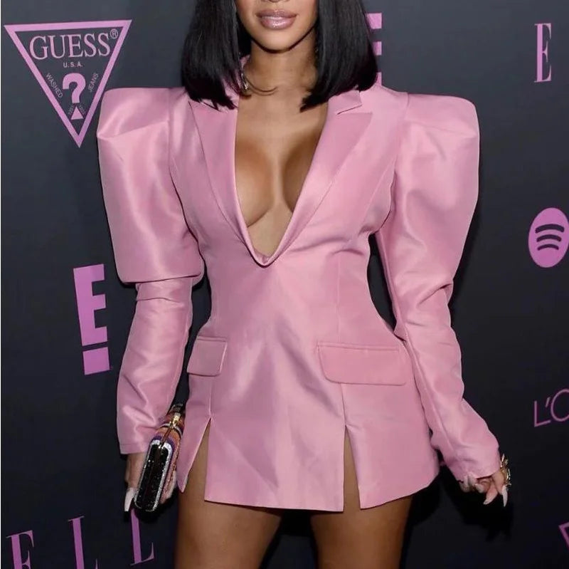 Evening Dresses Pink Street Wear Women Mini Sexy Club Wear Notched Collar Long Sleeve V Neck