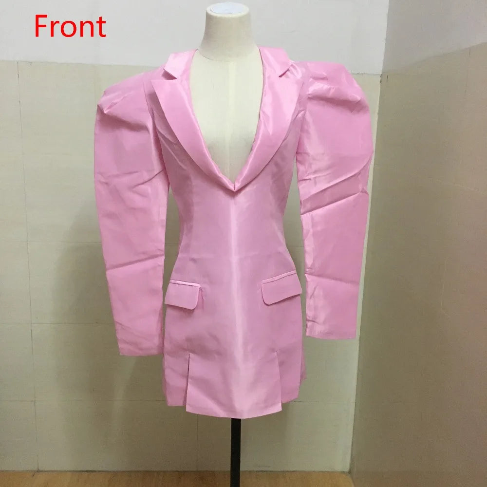 Evening Dresses Pink Street Wear Women Mini Sexy Club Wear Notched Collar Long Sleeve V Neck
