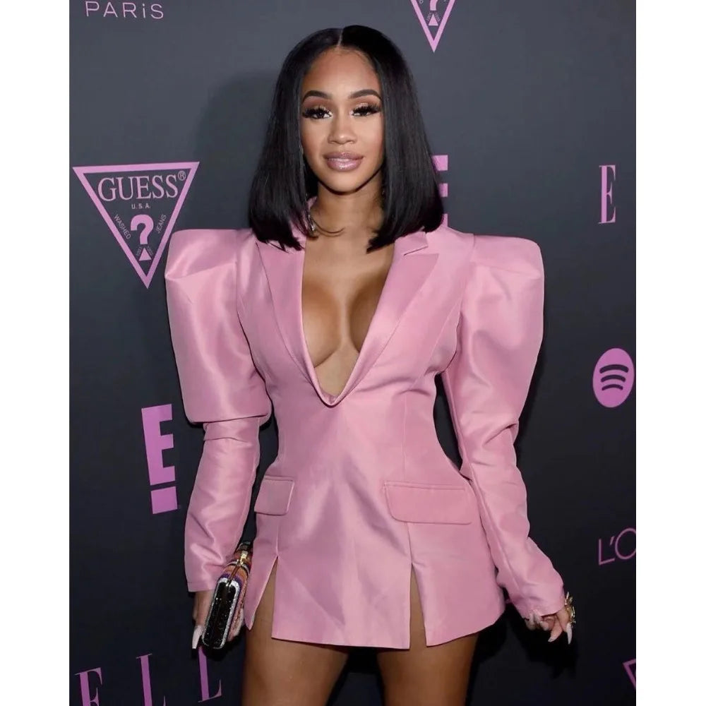 Evening Dresses Pink Street Wear Women Mini Sexy Club Wear Notched Collar Long Sleeve V Neck