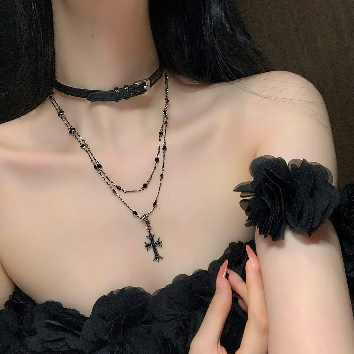 Choker Black Cross Female Twin Sweet Cool Necklace