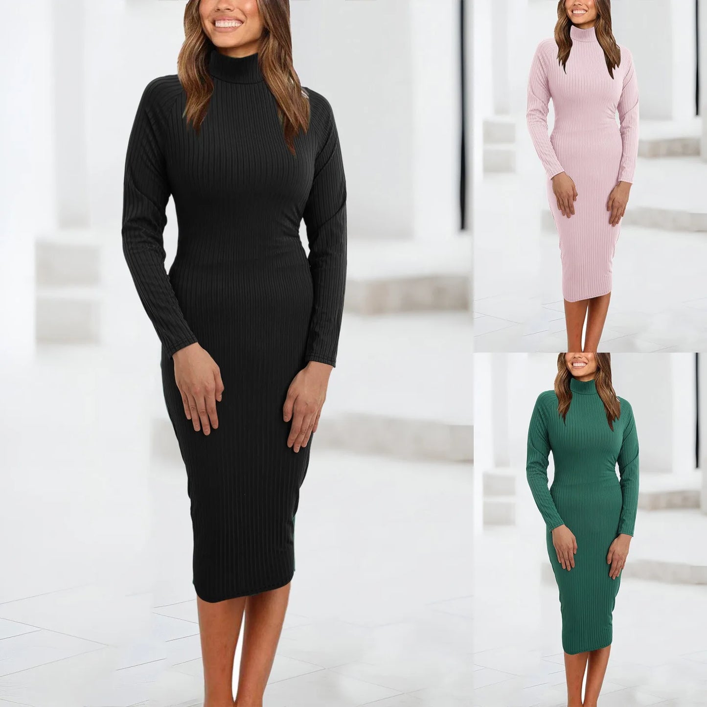 Knitted Sweater Dress for Women Long Sleeve Half High Turtleneck Midi Bodycon Stretchy Dress Autumn Winter Warm Long Dress