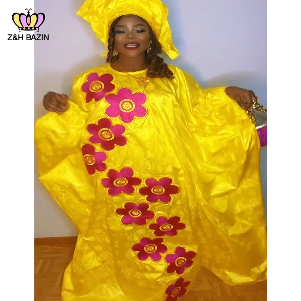 African Dresses For Woman Plus Size Bazin Riche Robe Embroidery With Embroidery Original Basin Floor Long Dresses With Scarf