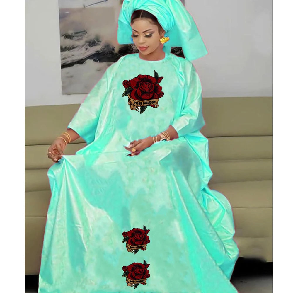Turkey Dresses For Women African Designer Bazin Riche Evening Gowns Large Size Pink Basin Headscarf With Dashiki Robe Cloth