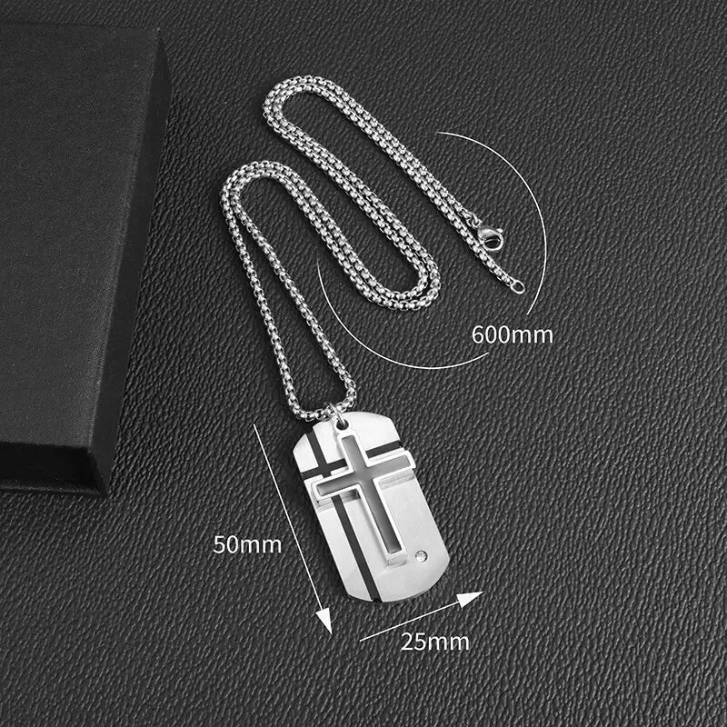 Men's Cross Necklace Stainless Steel Silver Color Faith Cross Bible Verse Dog Tag Pendant Necklace Birthday Gifts for Boys