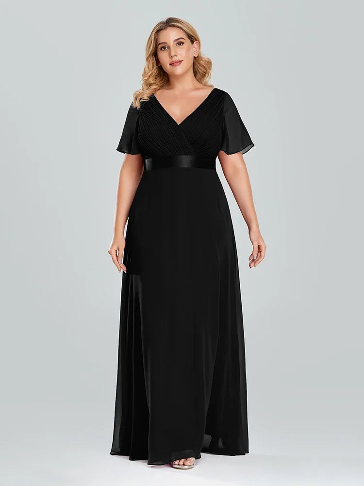 Prom Dresses Plus Size Evening Dresses Long Elegant A Line V Neck Ruffles Chiffon Formal Wedding Party Dress Robe De Soiree