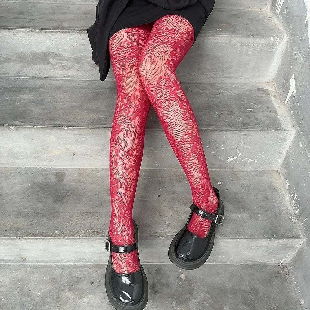 Sexy Lace Mesh Stockings Bottomed Pantyhose Classic Lolita Hollowed Fishnet Women's Netting Gothic Punk Retro Spider Web Tights