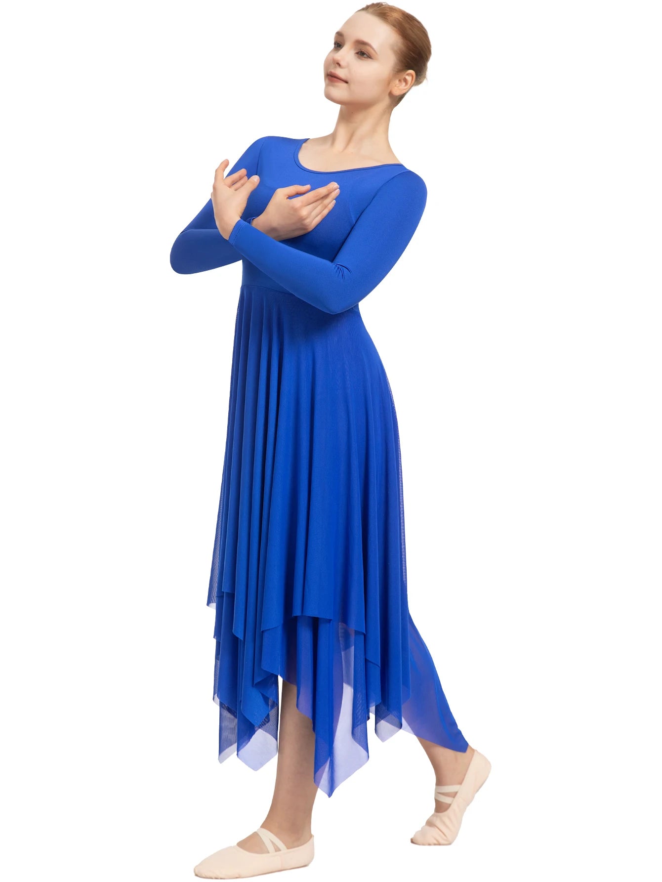 Newest Praise Dance For Women Ballet Costume Dress Long Sleeve ,Double Layered Irregular Skirt,No Crotch And Lining