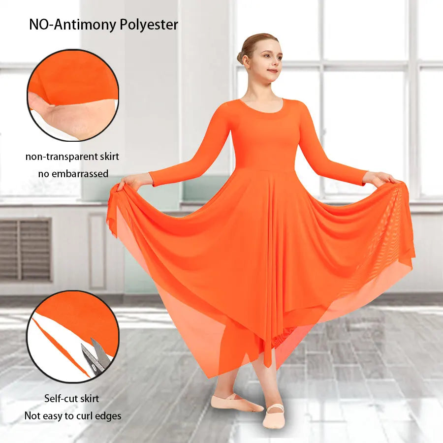 Women Long Sleeve Praise Dance Loose Fit Church Liturgical Worship Costume with Double Layered Irregular Skirt Dance Dresses