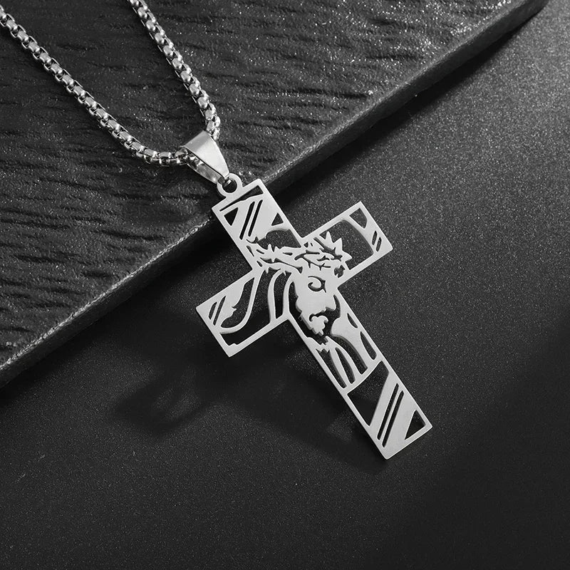Men's Cross Necklace Stainless Steel Silver Color Faith Cross Bible Verse Dog Tag Pendant Necklace Birthday Gifts for Boys