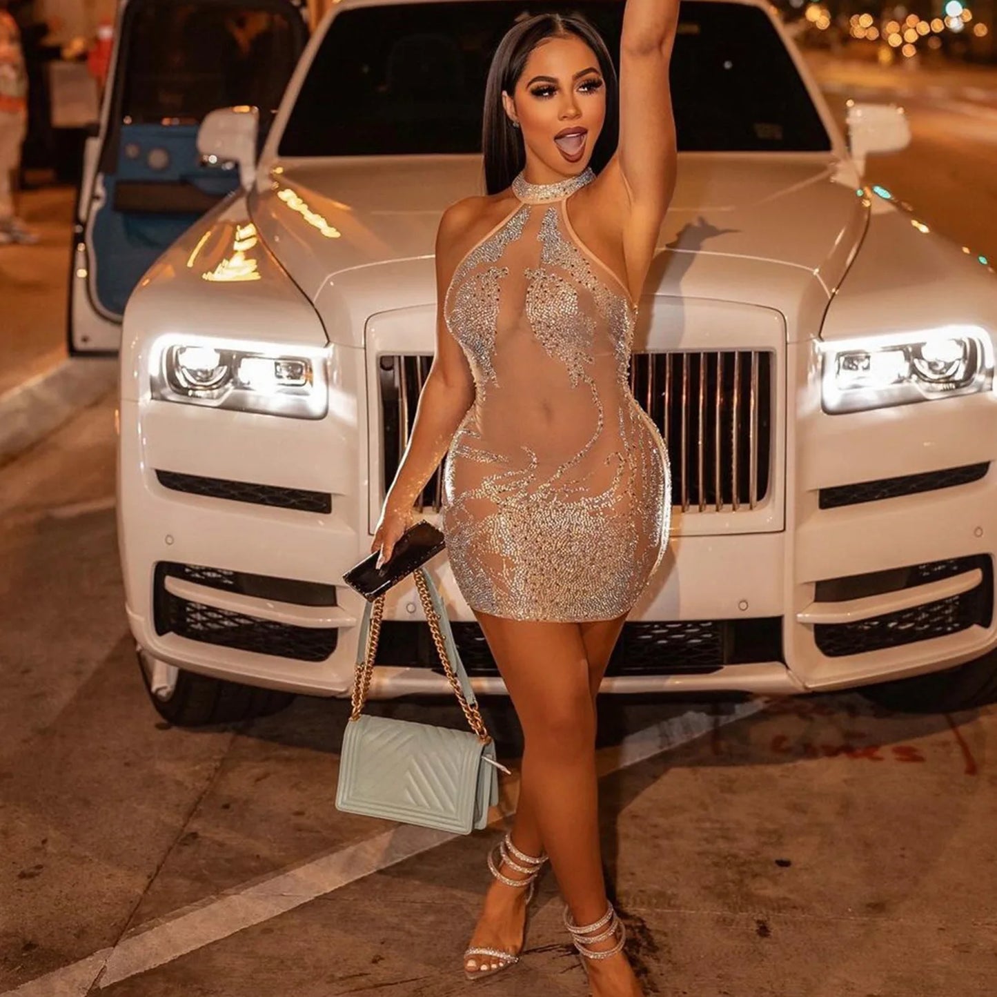 Sexy Mesh Rhinestone Short Prom Evening Mini Dress See Through Outfits Luxury