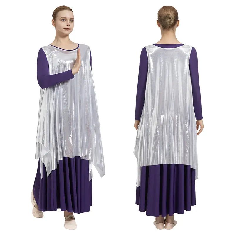 Women's Round Neck Metallic Style Praise Dance Vest Worship Tank Pullover with Shiny Top and Loose Hem Praise Dance Vest