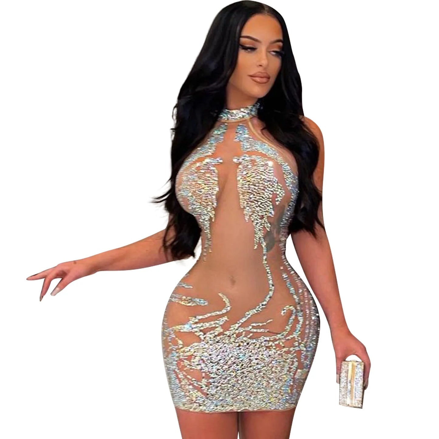 Sexy Mesh Rhinestone Short Prom Evening Mini Dress See Through Outfits Luxury