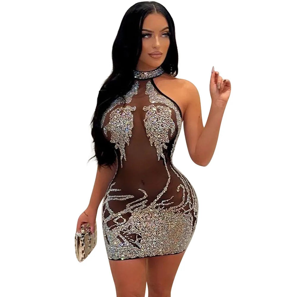 Sexy Mesh Rhinestone Short Prom Evening Mini Dress See Through Outfits Luxury