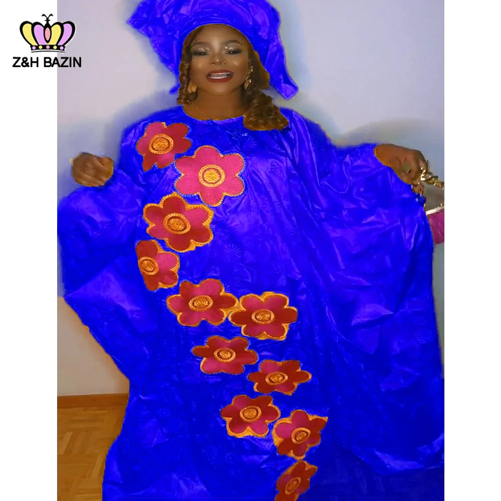 African Dresses For Woman Plus Size Bazin Riche Robe Embroidery With Embroidery Original Basin Floor Long Dresses With Scarf