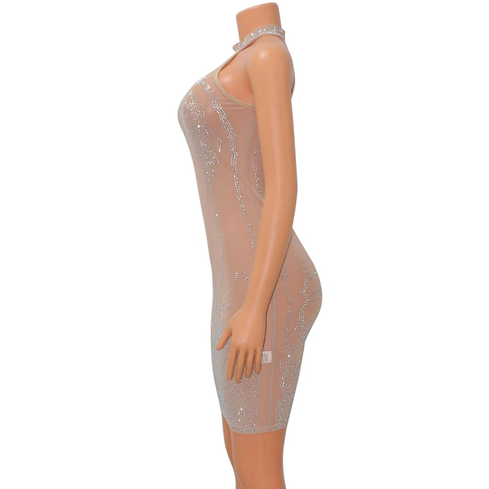 Sexy Mesh Rhinestone Short Prom Evening Mini Dress See Through Outfits Luxury