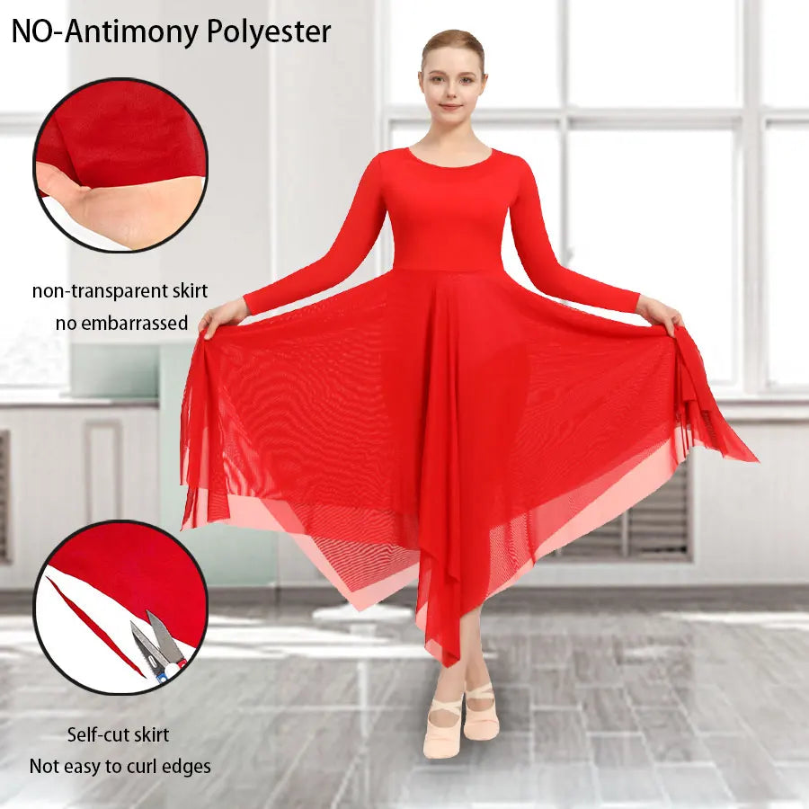 Women Long Sleeve Praise Dance Loose Fit Church Liturgical Worship Costume with Double Layered Irregular Skirt Dance Dresses