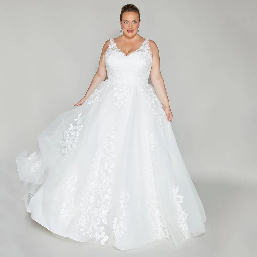 Bride Wedding Dress for Plus Size Woman Customized V Neck Sleeveless Sequined Applique Sweep Train Bridal Gown Vestido Noiva