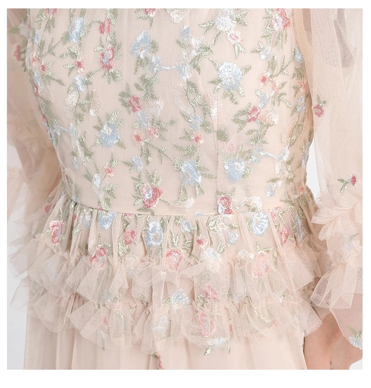 Runway Luxury Long Dresses Women 2025 Summer Holiday Embroidery Flower Ruffles Midi Party Evening Dress Lady Prom Vestidos
