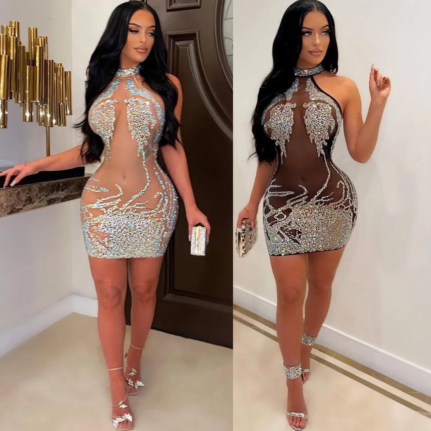 Sexy Mesh Rhinestone Short Prom Evening Mini Dress See Through Outfits Luxury