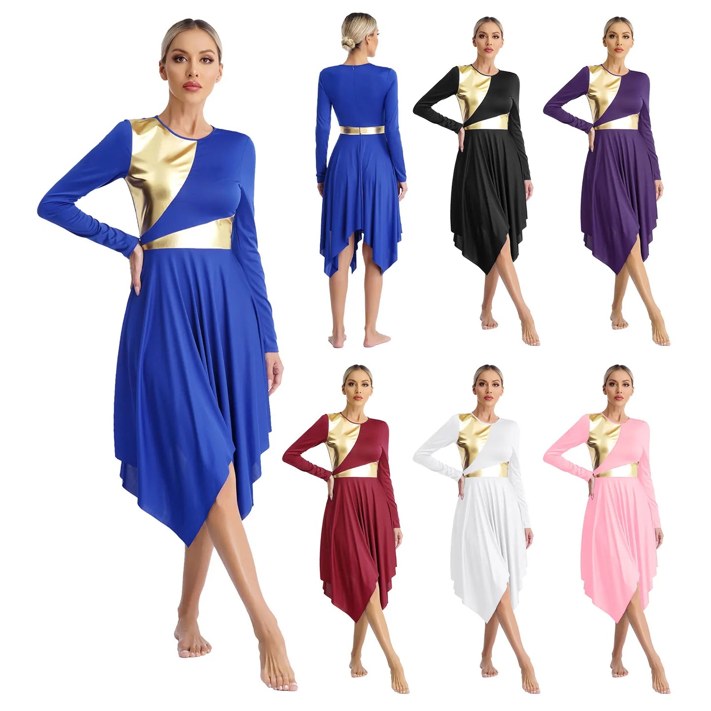 Womens Modern Lyrical Dance Dress Church Choir Worship Liturgical Performance Costume Long Sleeve Irregular Hem Gown Dancewear