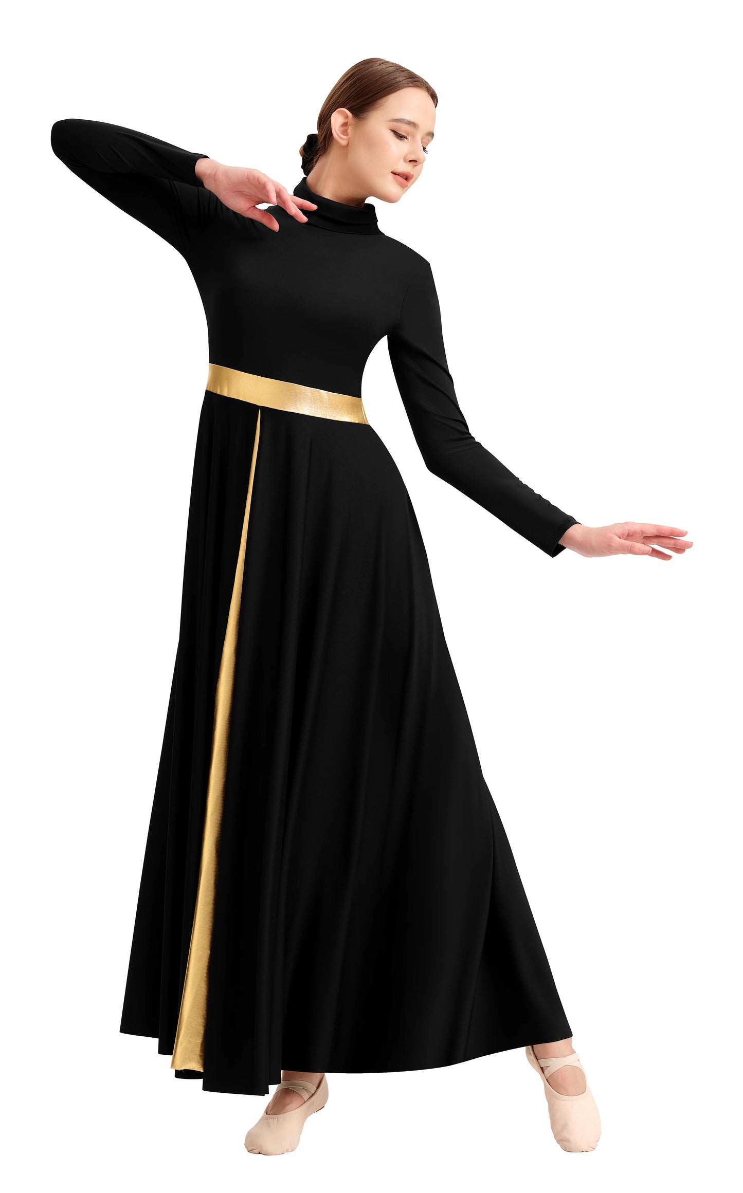 Women's Praise Dance Dress Metallic Waistband Long Swing Liturgical Worship Church Robe Dress Lyrical Dancewear High Neck