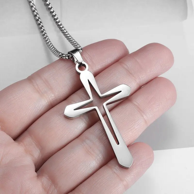 Men's Cross Necklace Stainless Steel Silver Color Faith Cross Bible Verse Dog Tag Pendant Necklace Birthday Gifts for Boys