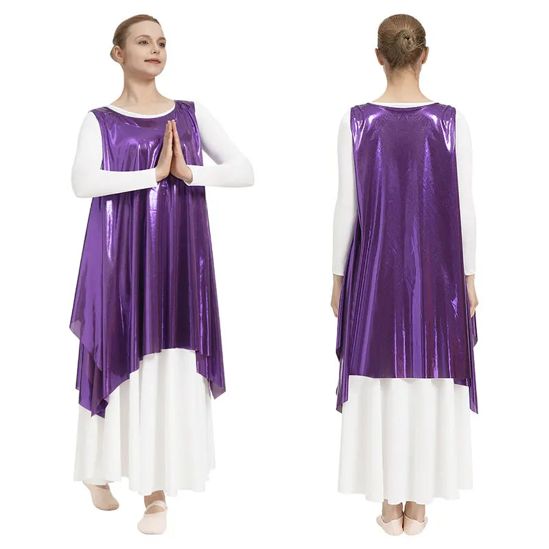 Women's Round Neck Metallic Style Praise Dance Vest Worship Tank Pullover with Shiny Top and Loose Hem Praise Dance Vest