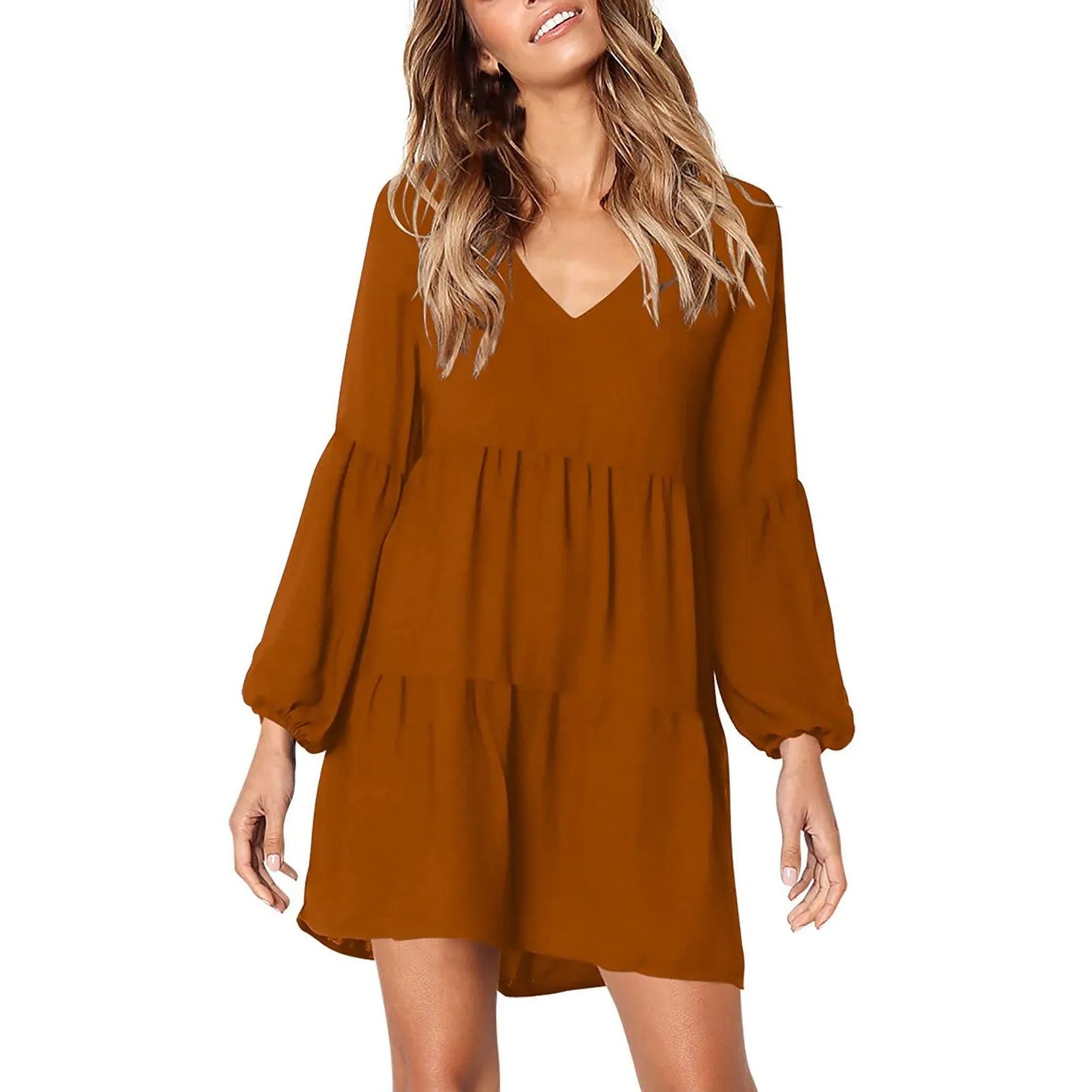 Women's Dresses Summer Tunic V Neck Casual Loose Flowy Swing Shift Lantern Long Sleeved