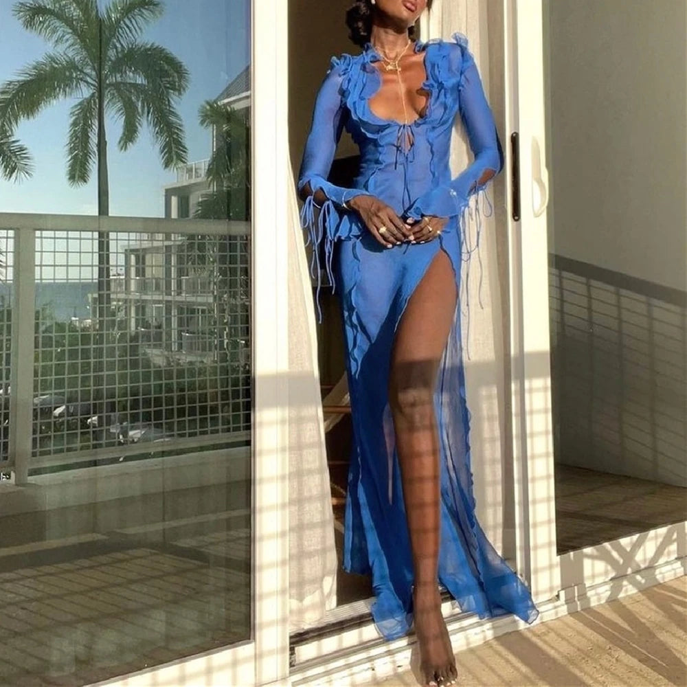 New Fashion Women Long Dress Long Sleeve Beach Swimwear Cover-Ups S M L