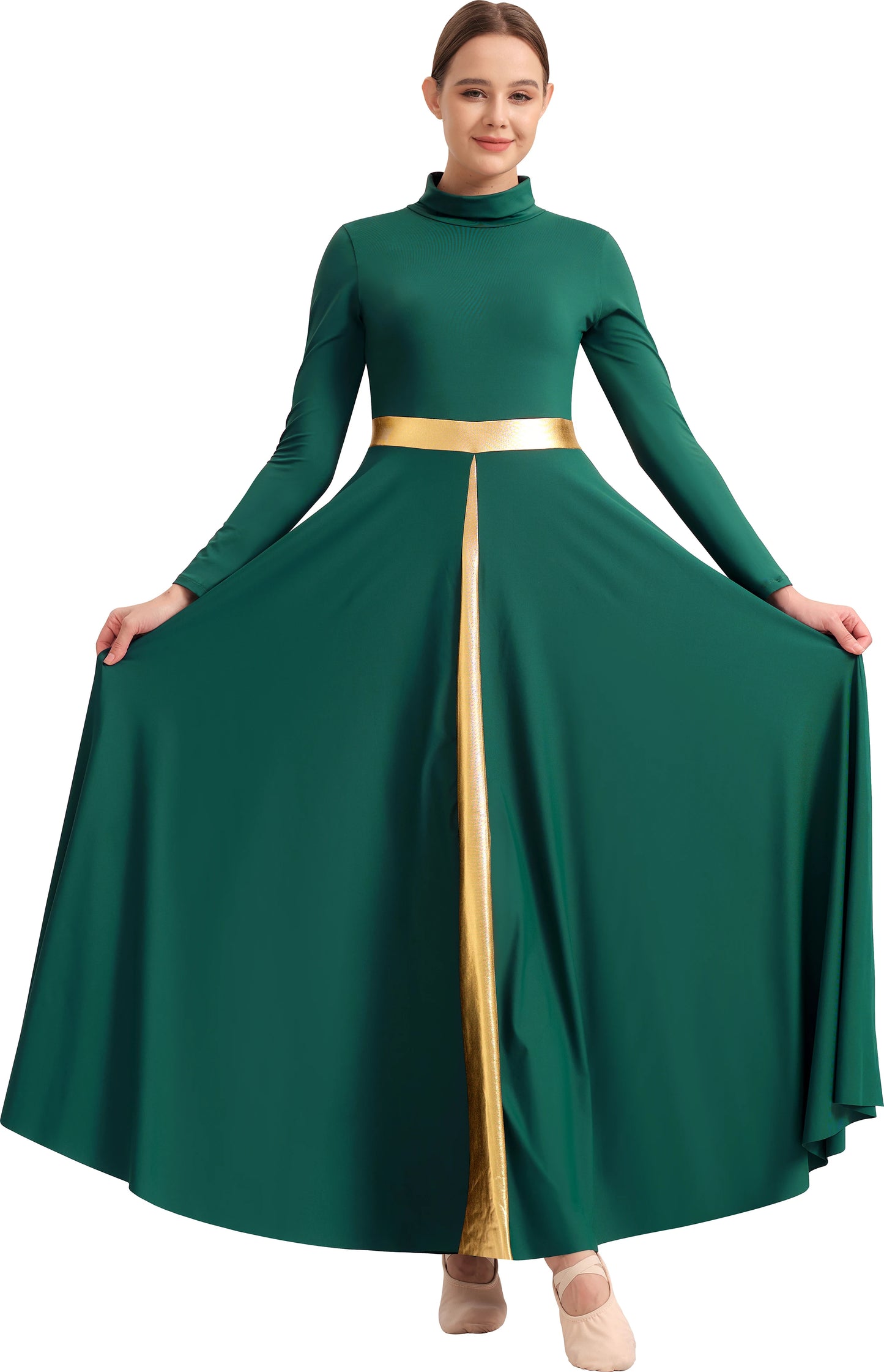 Women's Praise Dance Dress Metallic Waistband Long Swing Liturgical Worship Church Robe Dress Lyrical Dancewear High Neck