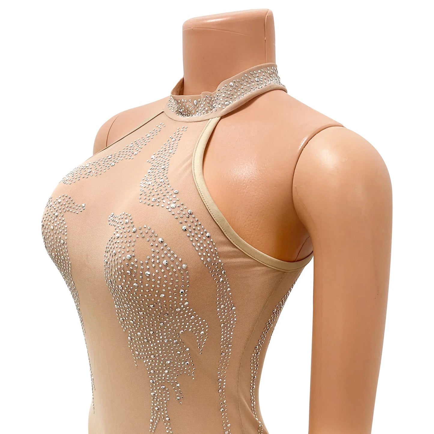 Sexy Mesh Rhinestone Short Prom Evening Mini Dress See Through Outfits Luxury