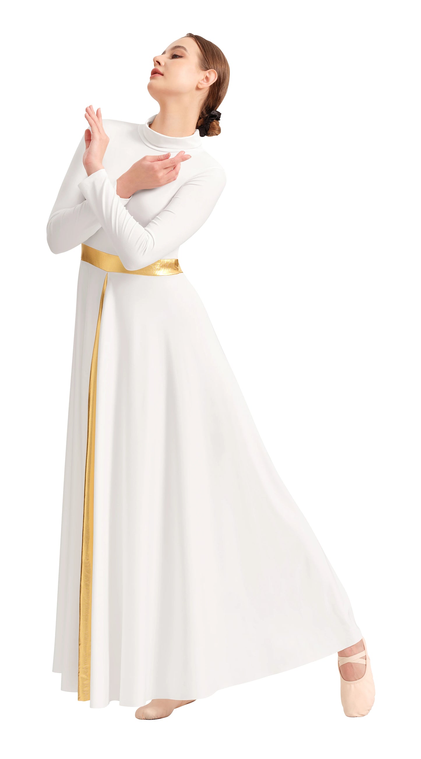 Women's Praise Dance Dress Metallic Waistband Long Swing Liturgical Worship Church Robe Dress Lyrical Dancewear High Neck