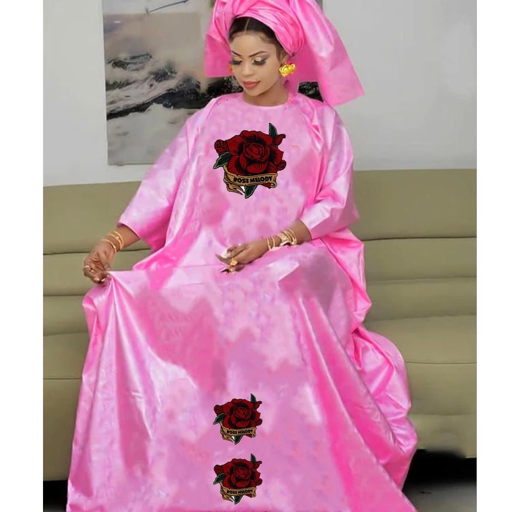 Turkey Dresses For Women African Designer Bazin Riche Evening Gowns Large Size Pink Basin Headscarf With Dashiki Robe Cloth