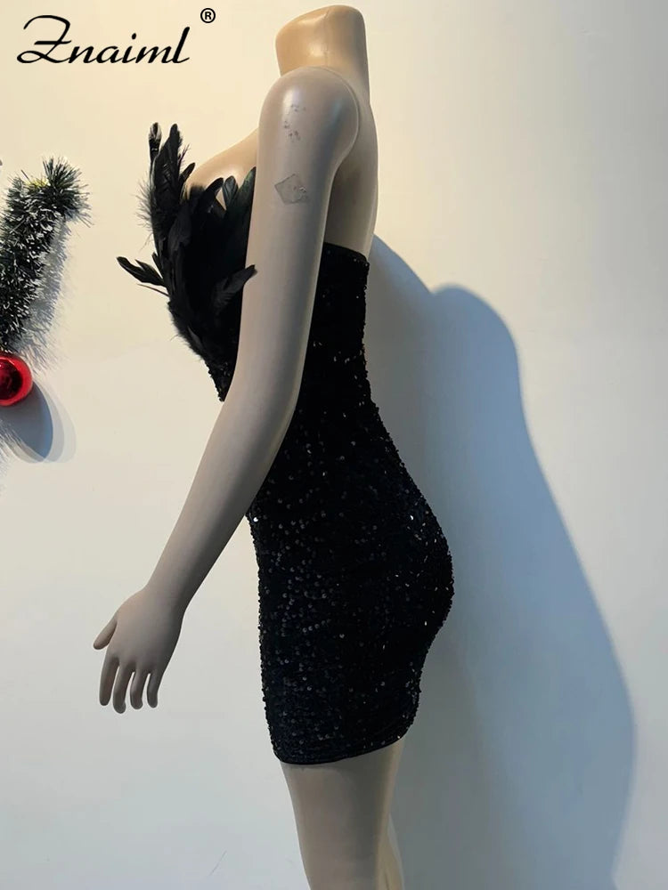 Women’s Feathers Sequin Strapless Deep V-neck Black Bodycon Mini Dresses Sexy