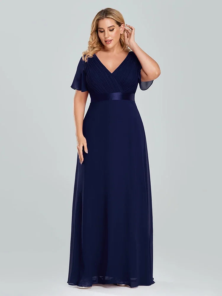 Prom Dresses Plus Size Evening Dresses Long Elegant A Line V Neck Ruffles Chiffon Formal Wedding Party Dress Robe De Soiree