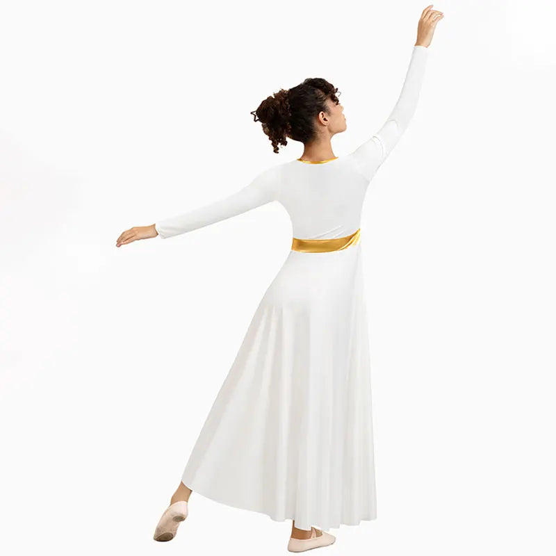 Women's Praise Dance Dress Metallic Fit Full Length Liturgical Worship Costume Long Sleeve Dancewear