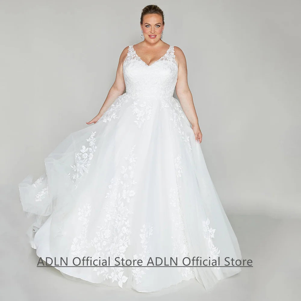 Bride Wedding Dress for Plus Size Woman Customized V Neck Sleeveless Sequined Applique Sweep Train Bridal Gown Vestido Noiva
