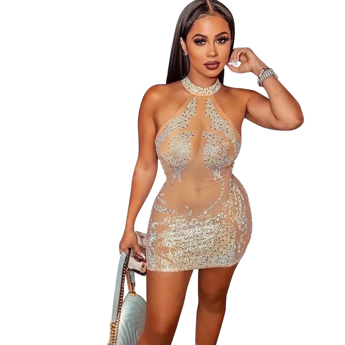 Sexy Mesh Rhinestone Short Prom Evening Mini Dress See Through Outfits Luxury