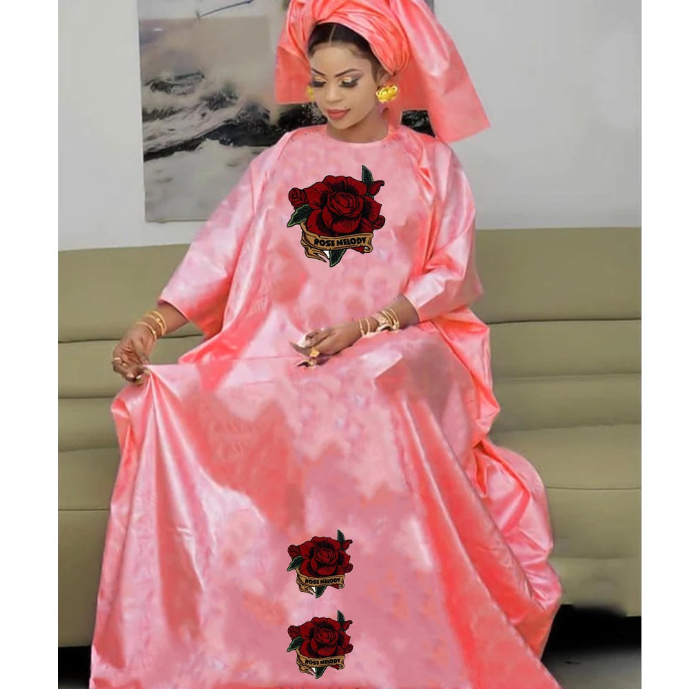 Turkey Dresses For Women African Designer Bazin Riche Evening Gowns Large Size Pink Basin Headscarf With Dashiki Robe Cloth