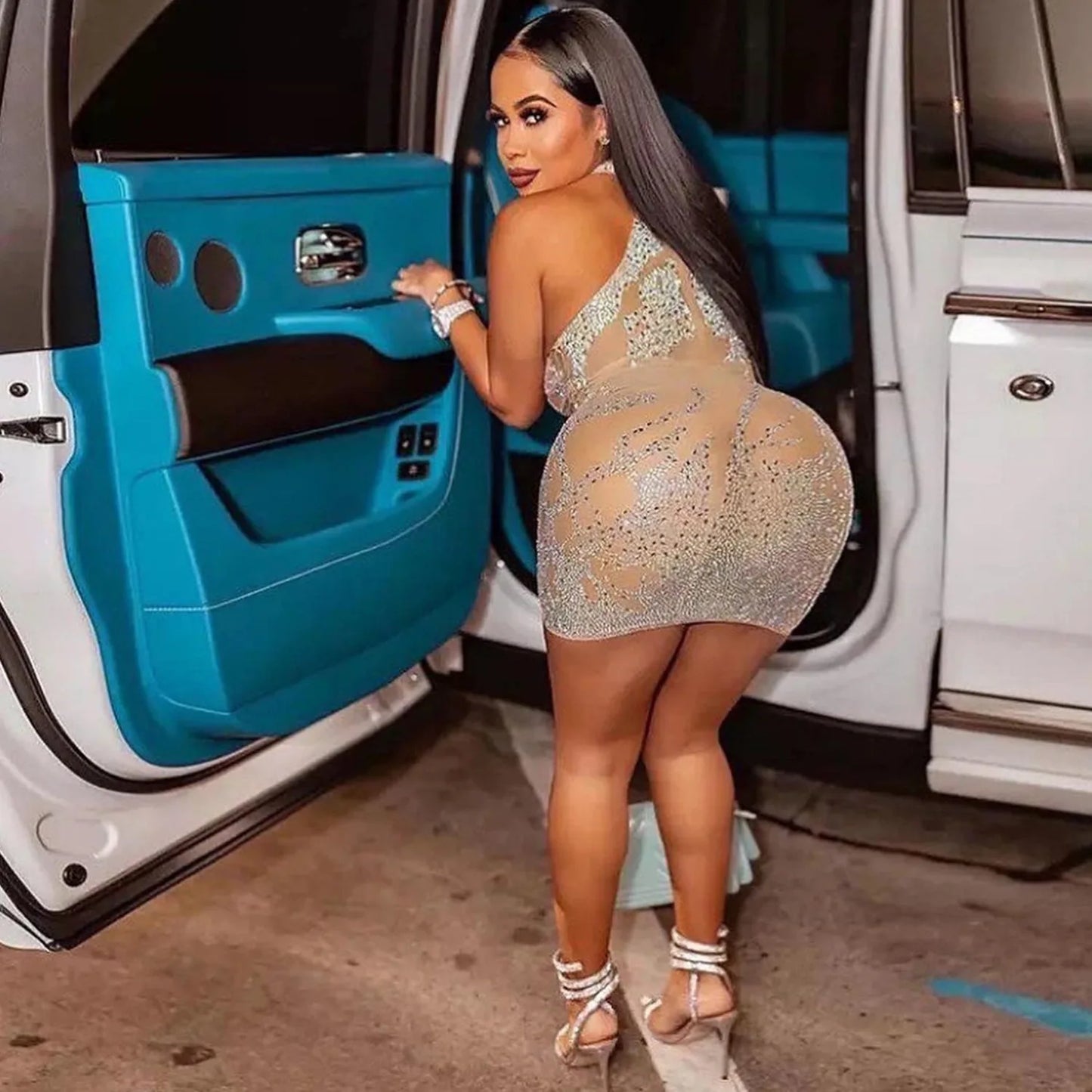 Sexy Mesh Rhinestone Short Prom Evening Mini Dress See Through Outfits Luxury