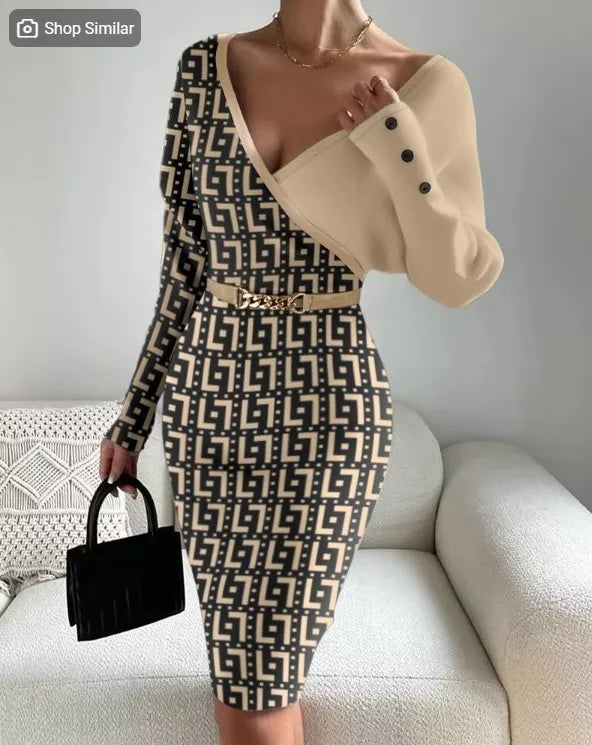 Women's Spring Summer Long Sleeved Fashion Splicing Print High Neck Sexy Split Waist Tight Wrap Hip High Waist Mid Length Dress