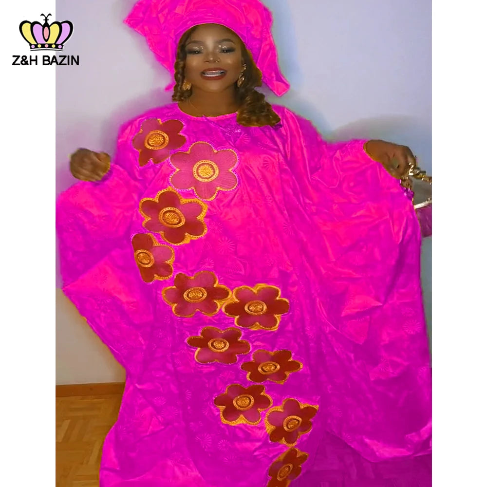 African Dresses For Woman Plus Size Bazin Riche Robe Embroidery With Embroidery Original Basin Floor Long Dresses With Scarf