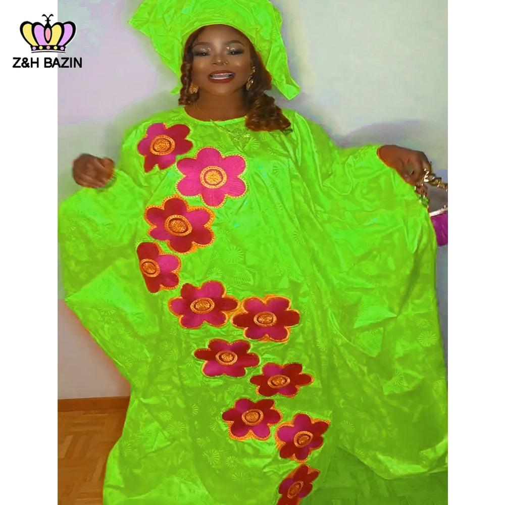 African Dresses For Woman Plus Size Bazin Riche Robe Embroidery With Embroidery Original Basin Floor Long Dresses With Scarf