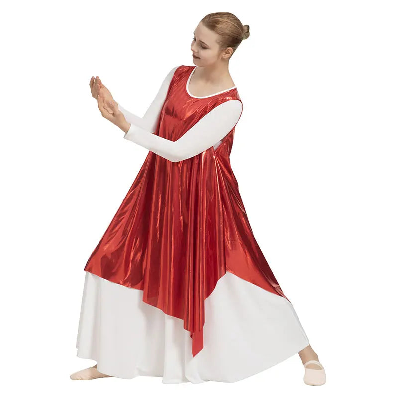 Women's Round Neck Metallic Style Praise Dance Vest Worship Tank Pullover with Shiny Top and Loose Hem Praise Dance Vest