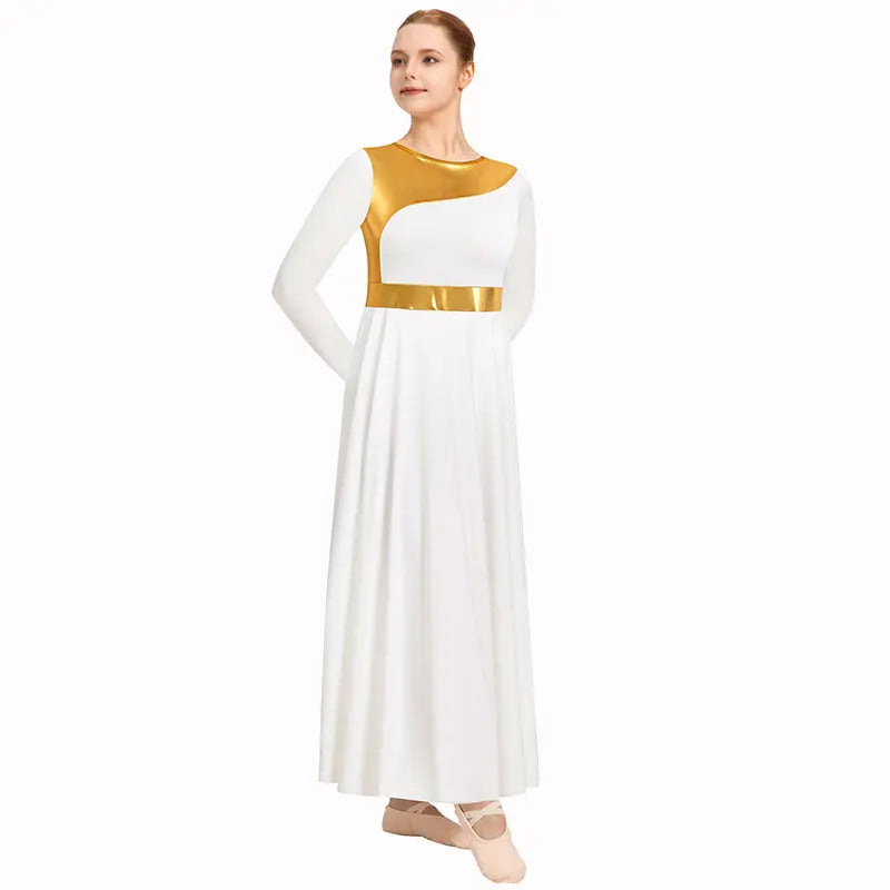 Women's Praise Dance Dress Metallic Fit Full Length Liturgical Worship Costume Long Sleeve Dancewear